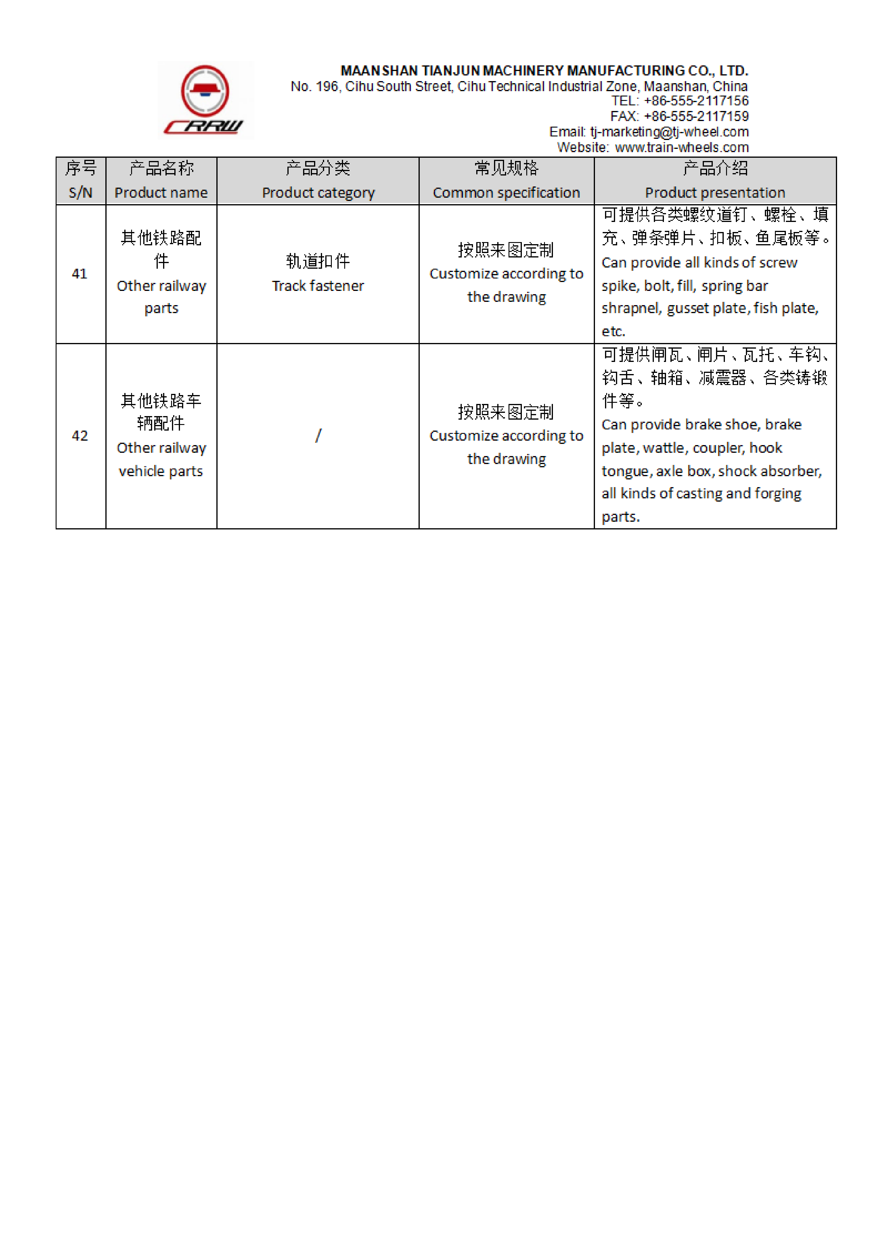 Maanshan Tianjun Prodcut List